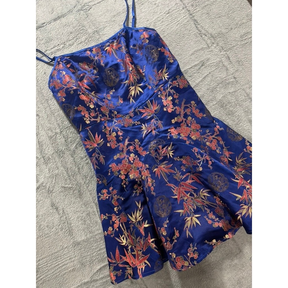 Lulus Blue Satin Floral Jacquard Mini Dress Asian Print Fit Flare M Dark Romanti
